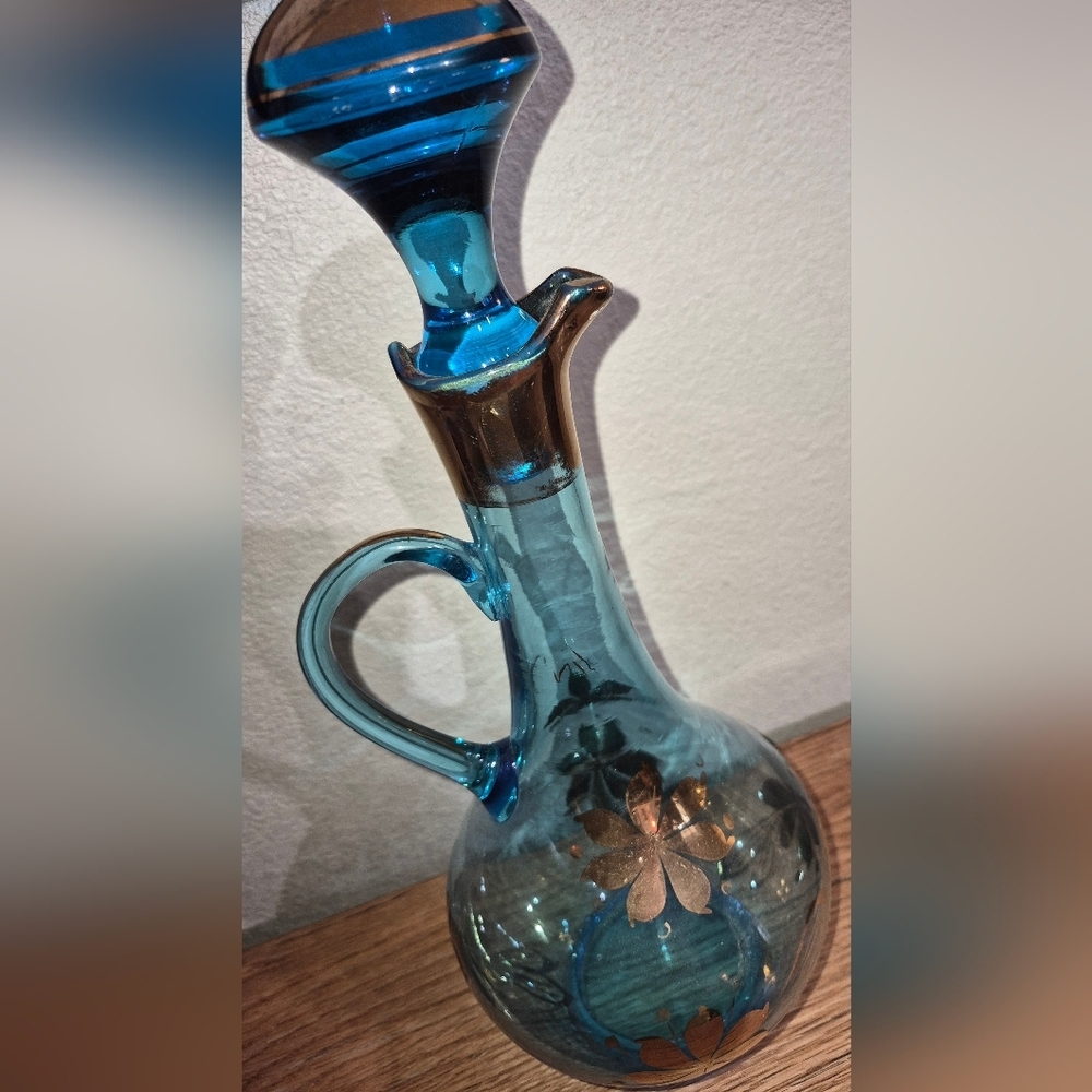 Wine Decanter Bohemian Glass Hungarian Teal Gold Leaf Vintage - Picture 4 of 5
